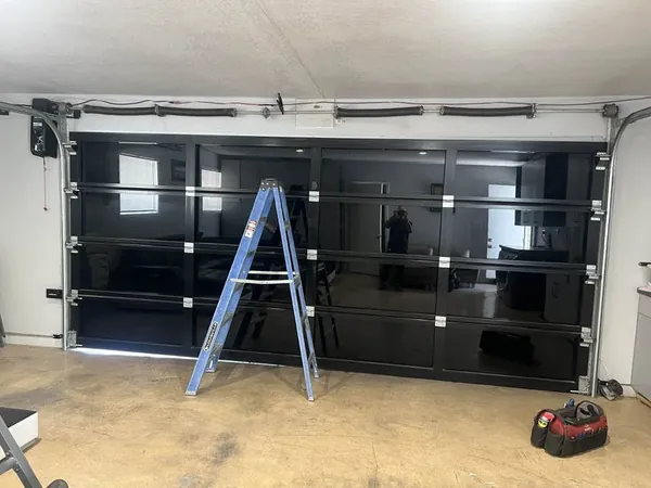 Contemporary glass and aluminum garage door, interior view