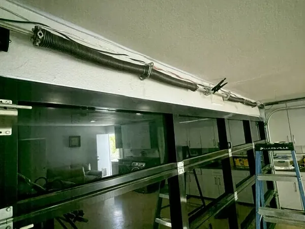 Modern flush glass garage door close-up